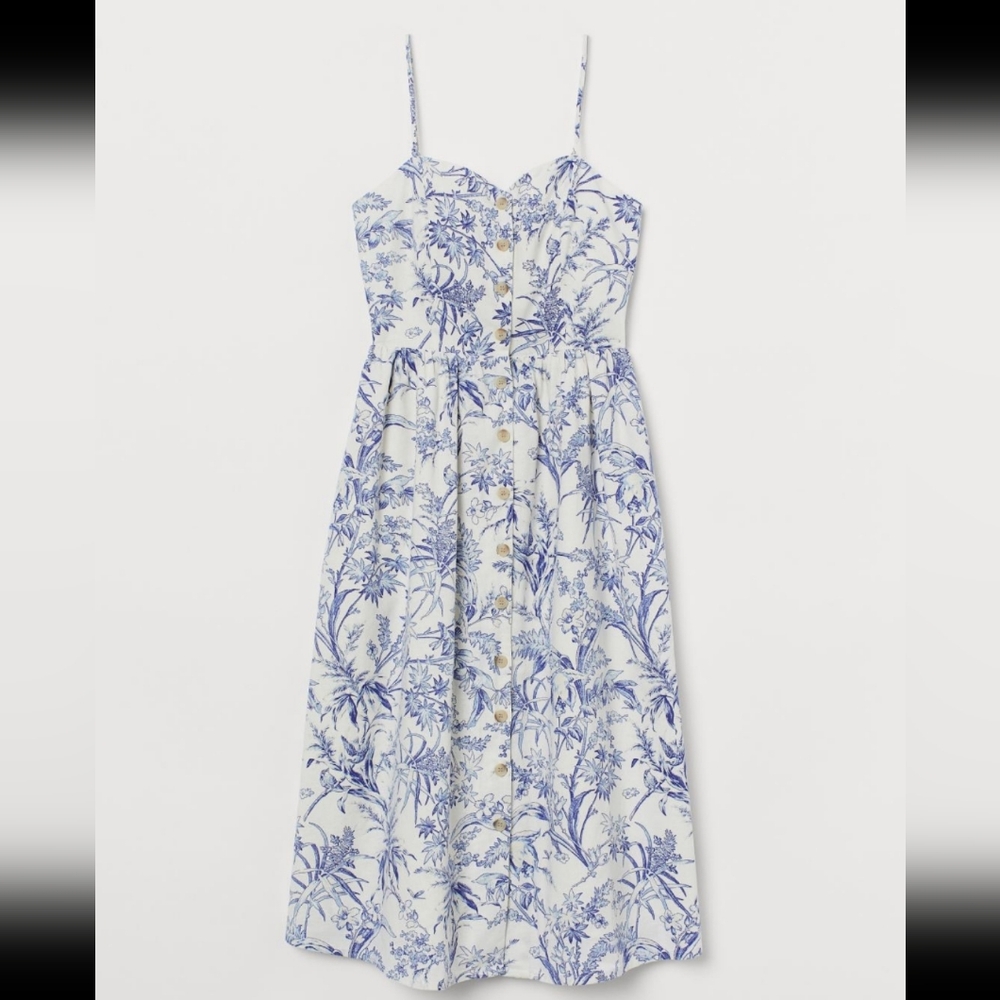 New H&M linen blend button blue bird leaves pattern midi dress